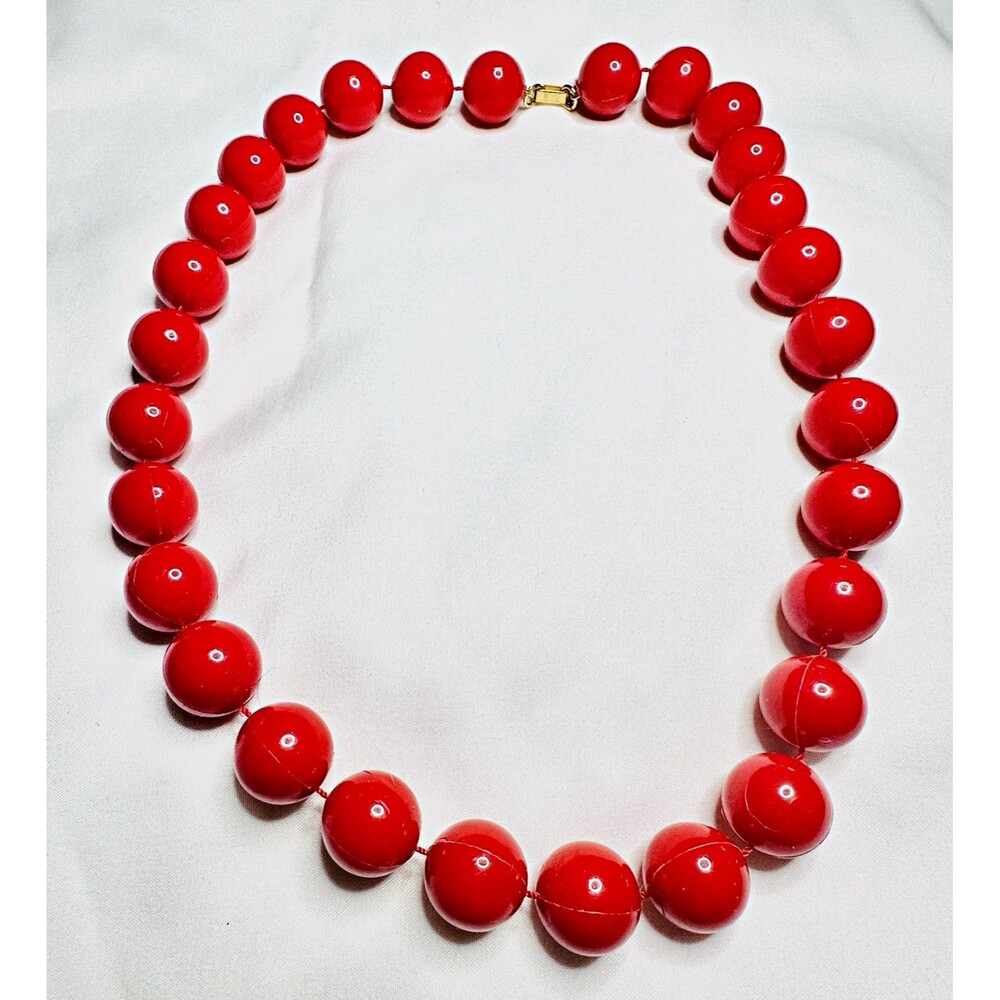 Vintage Retro MCM Acrylic Lucite Cherry Red Beads Necklace Gold-tone Fold Clasp